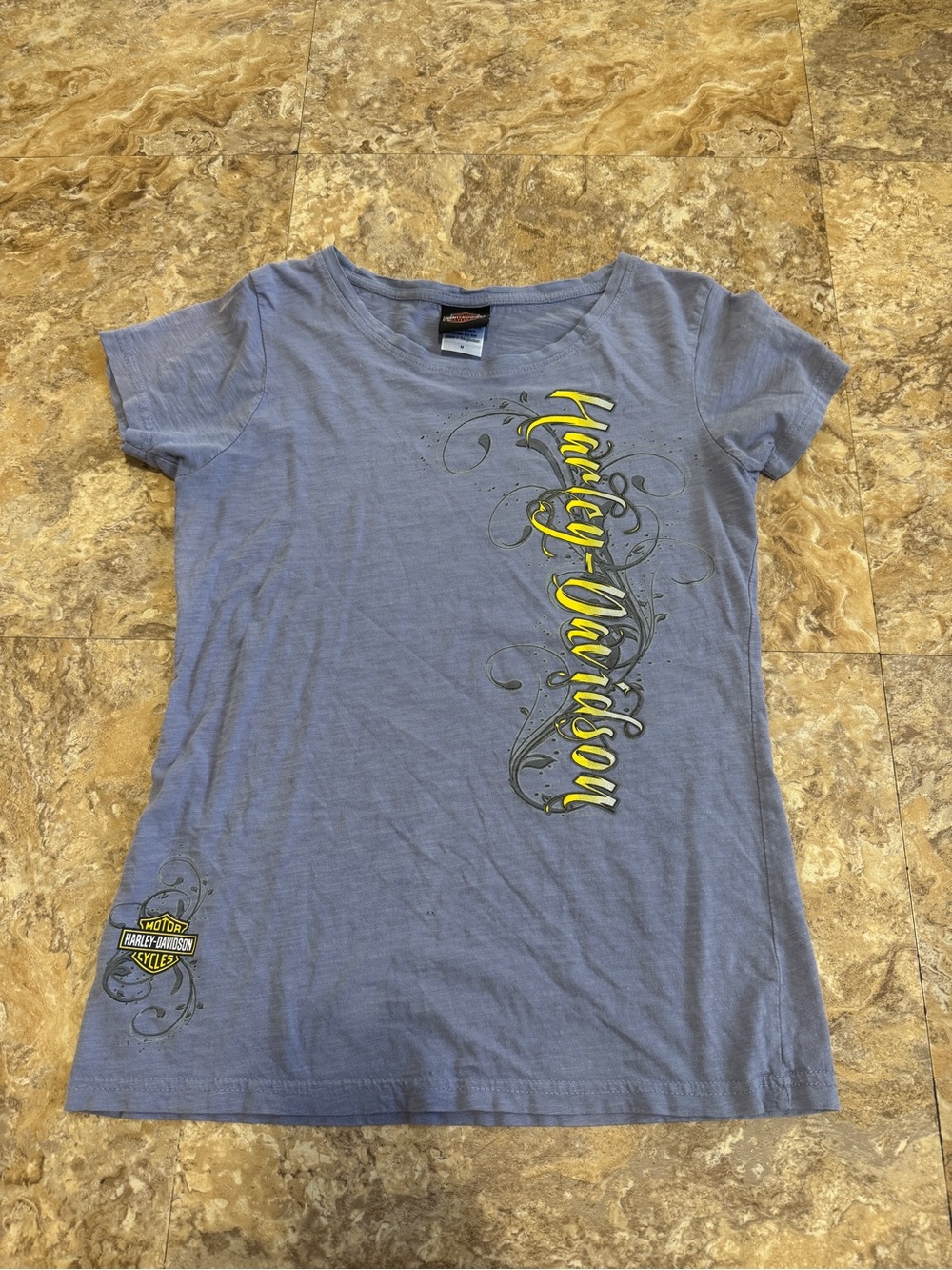 Harley-Davidson Light Blue Short Sleeve Tee with Yellow Script
